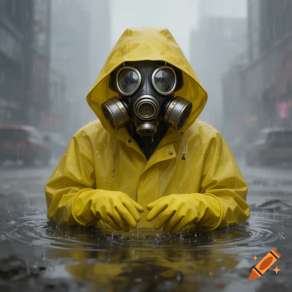 Person in yellow raincoat and gas mask submerged in floodwaters during a heavy rainstorm.