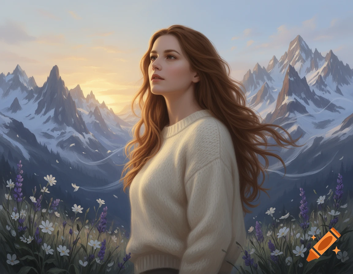 A woman with long auburn hair looks up, standing in a field of white and purple flowers with majestic snow-capped mountains and a sunrise in the background.