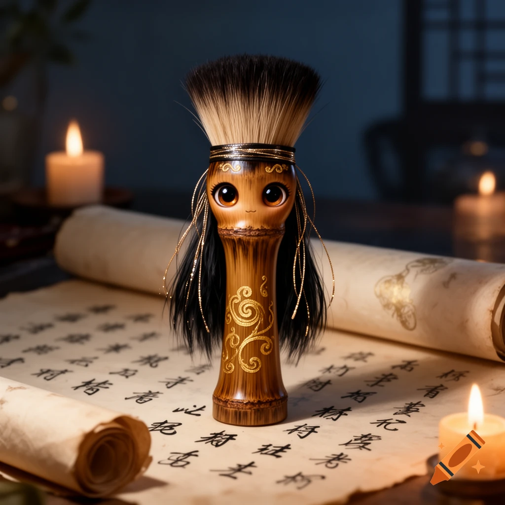 A cute, non-human Chinese calligraphy brush doll with big eyes and golden accents stands on a scroll with calligraphy, lit by candles.
