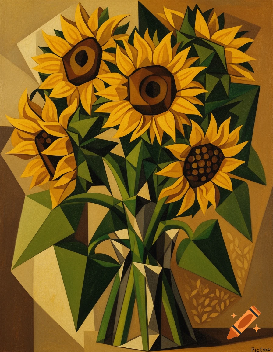 A cubist painting depicting a vibrant bouquet of yellow sunflowers with green leaves in a geometric vase.