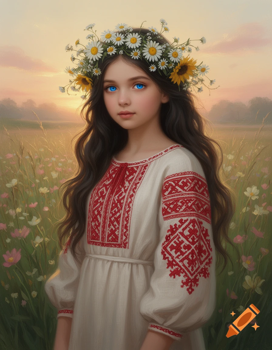 A young girl with long dark hair, glowing blue eyes, wearing a white traditional dress with red embroidery and a daisy and sunflower crown, stands in a sunlit field at sunset.