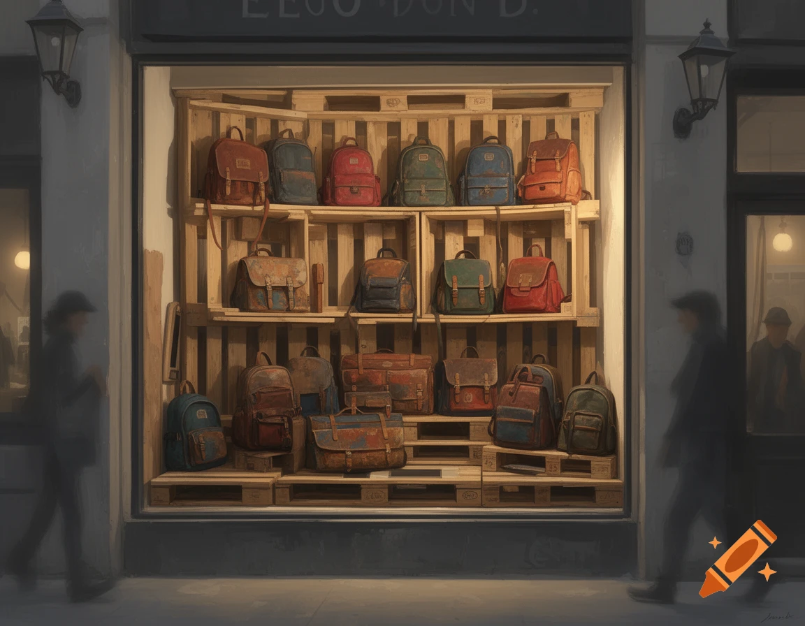 A painted view of a secondhand store window displaying various bags and backpacks on wooden pallets, with blurred figures walking by.