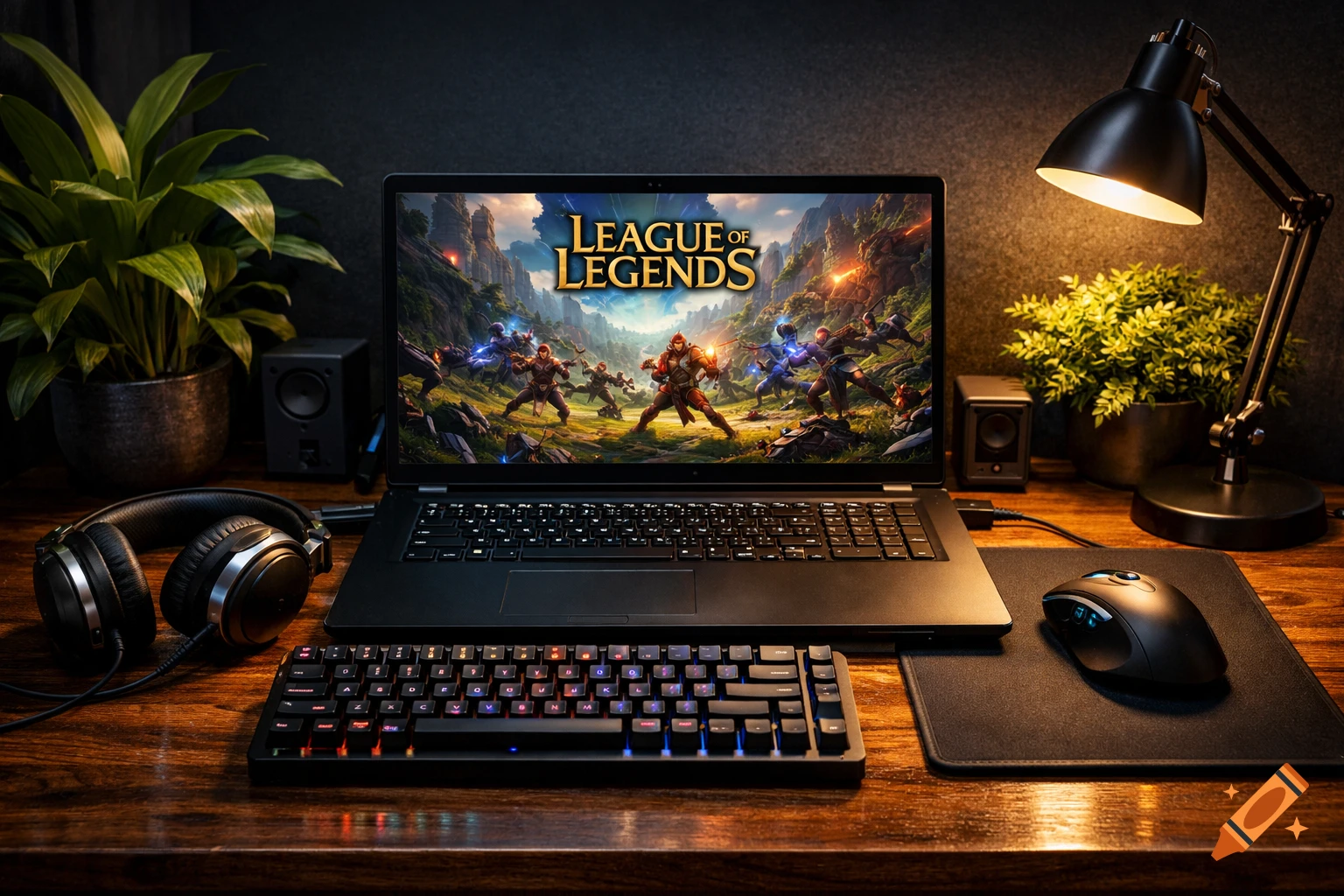 Photorealistic gaming desk setup with a laptop displaying League of Legends, mechanical keyboard, headphones, mouse, and plants on a wooden desk.