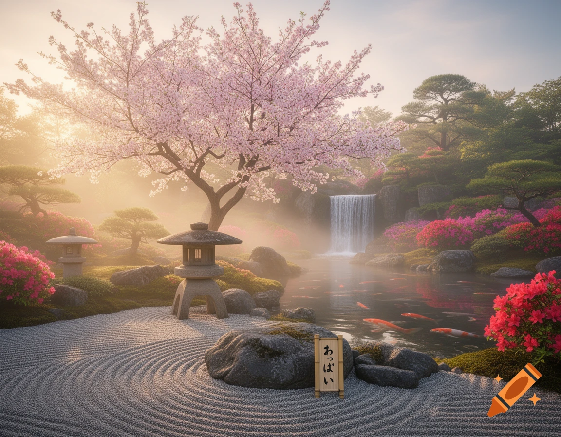 A serene Japanese garden with a pink cherry blossom tree, waterfall, koi pond, stone lantern, and raked sand at sunrise.
