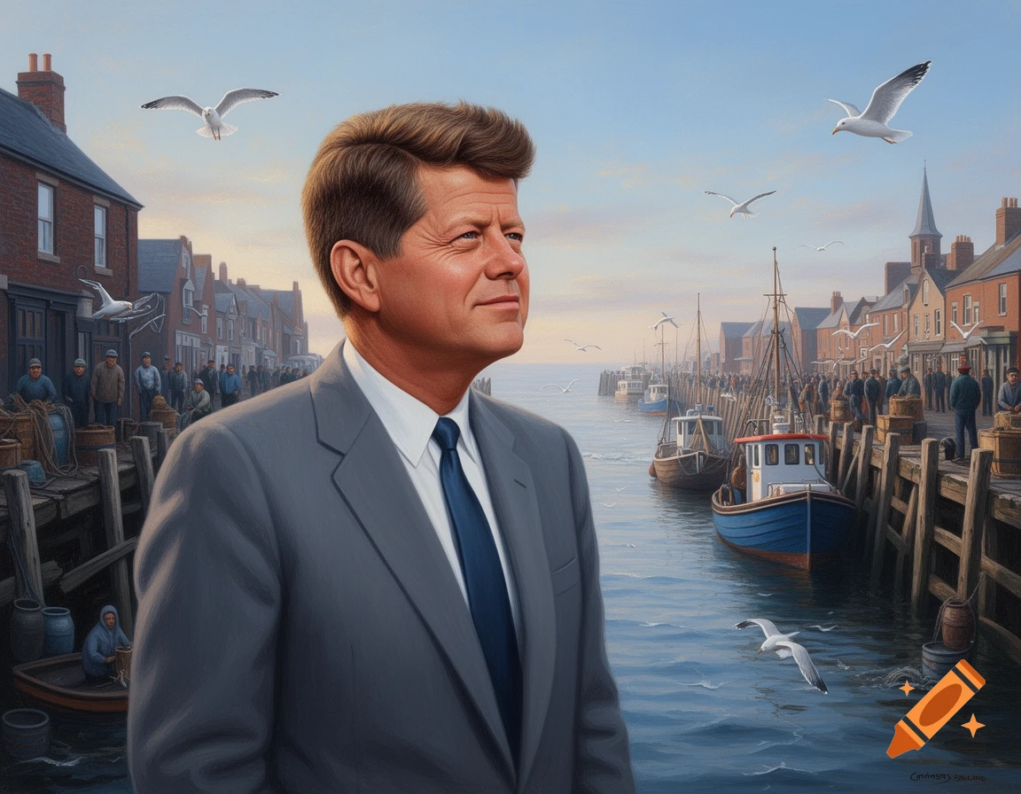 Painting of JFK in a grey suit and blue tie, looking right, against the backdrop of a bustling harbor with fishing boats, people, and seagulls under a blue sky.
