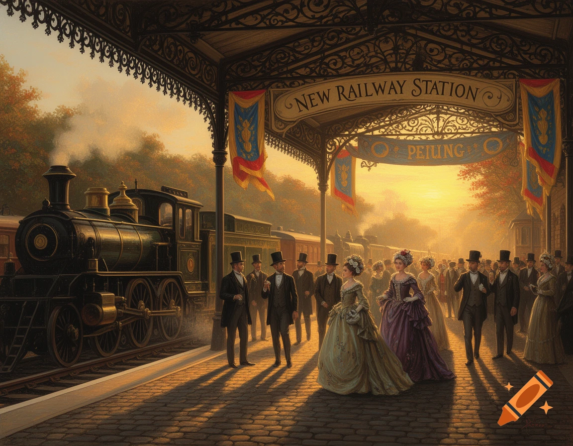 A painterly 19th-century railway station at sunset, with a steam train and well-dressed people on the platform.