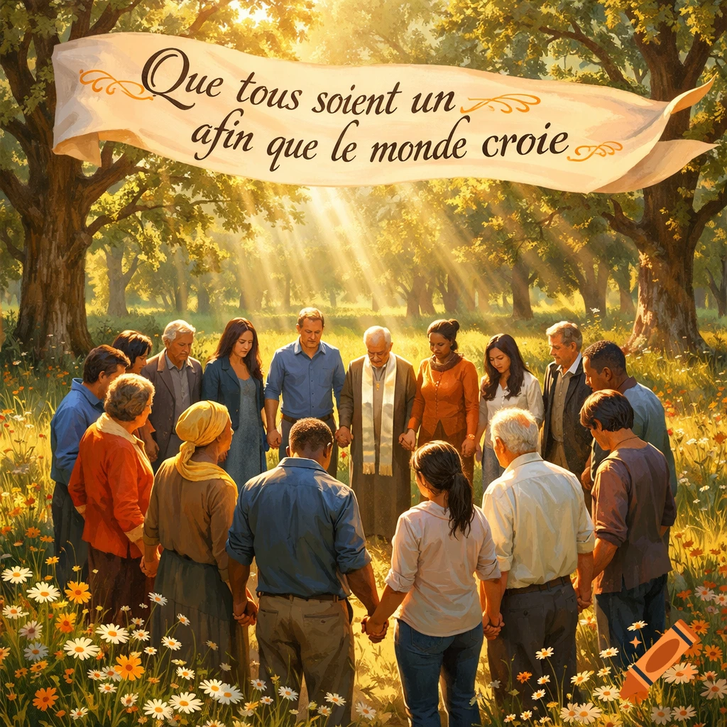 Diverse people holding hands in a circle in a sunny forest clearing, with a banner reading 'Que tous soient un afin que le monde croie'.