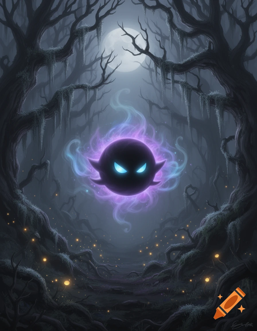 A shadowy purple ghost with glowing blue eyes, like Gastly, floats in a dark, misty forest with tangled trees and glowing fungi under a full moon.