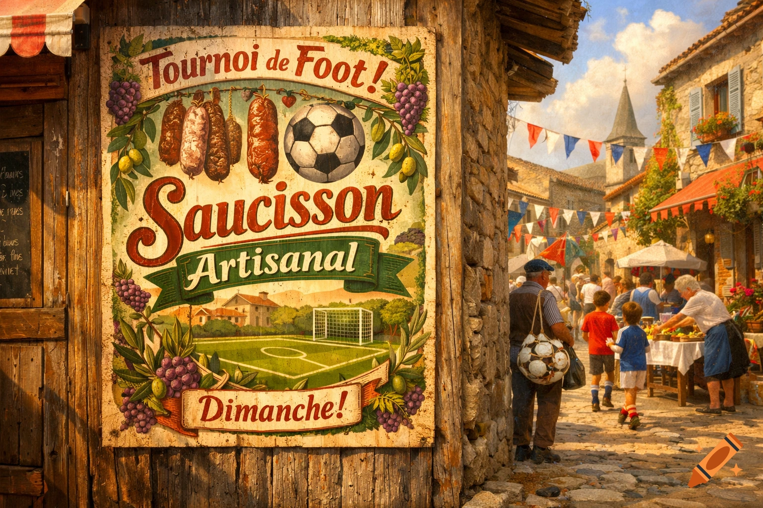 A vintage poster for an artisanal sausage and football tournament on an old stone building in a bustling French village.