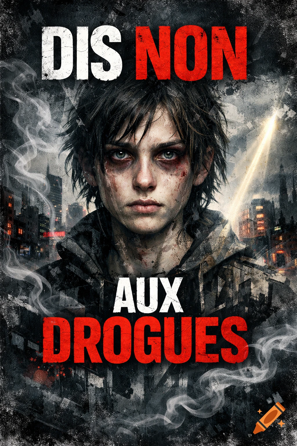 Gritty illustration of a distressed youth with blood on their face, under the text 'DIS NON AUX DROGUES' (Say NO to drugs).