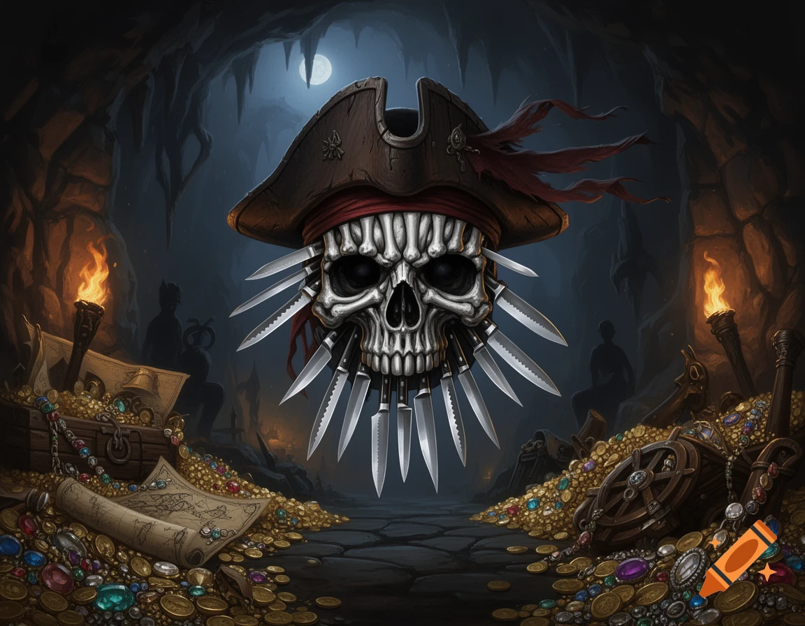 A stylized pirate skull wearing a tricorne hat, with kitchen knives for teeth, in a treasure-filled cave lit by torches.