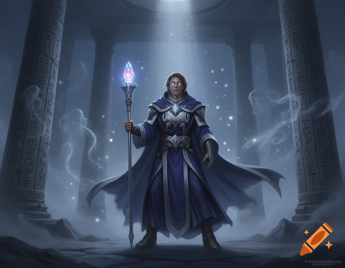 A male cleric in a blue robe stands in ancient ruins, holding a glowing ...
