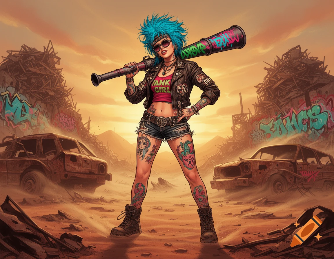 A stylized punk girl with blue hair, sunglasses, and tattoos stands in a desolate, post-apocalyptic landscape among rusted cars and debris, holding a large bazooka over her shoulder.