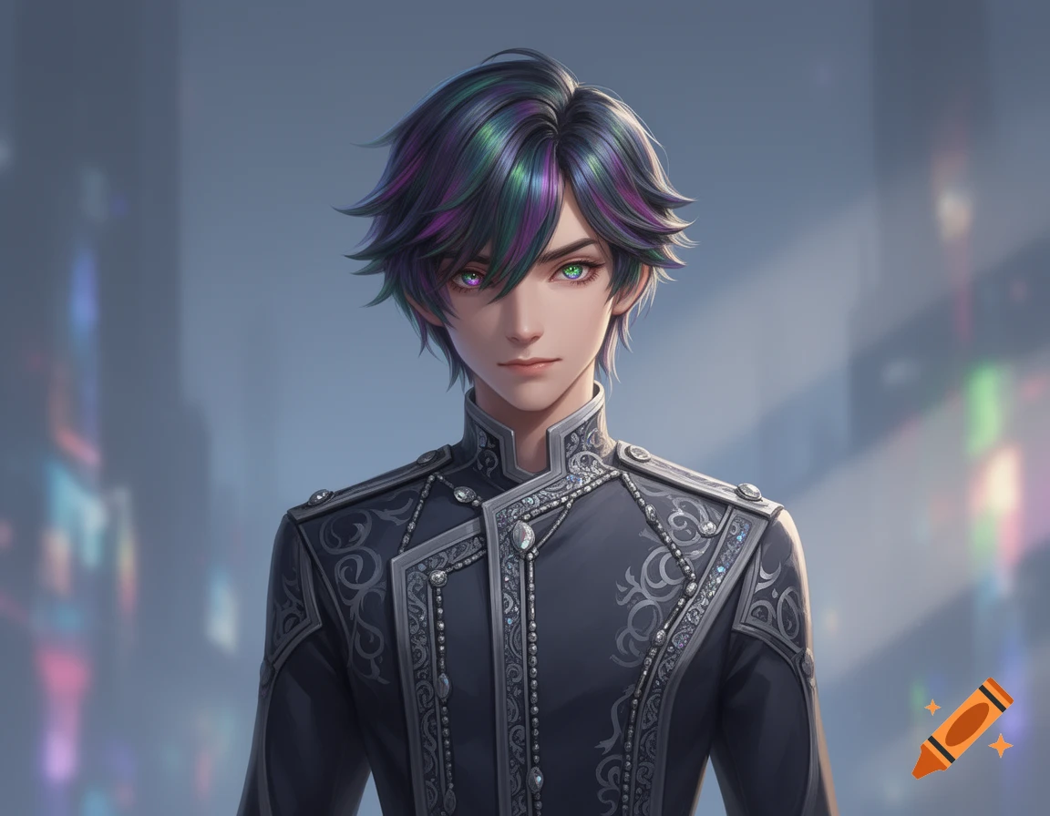 A detailed anime-style portrait of a male character with multi-colored hair and heterochromatic eyes, wearing an ornate black uniform.