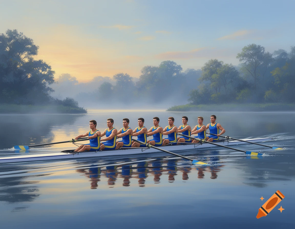 Eight rowers in blue and yellow uniforms propel a scull across a calm, misty lake at sunrise, with tree-lined banks in the background.