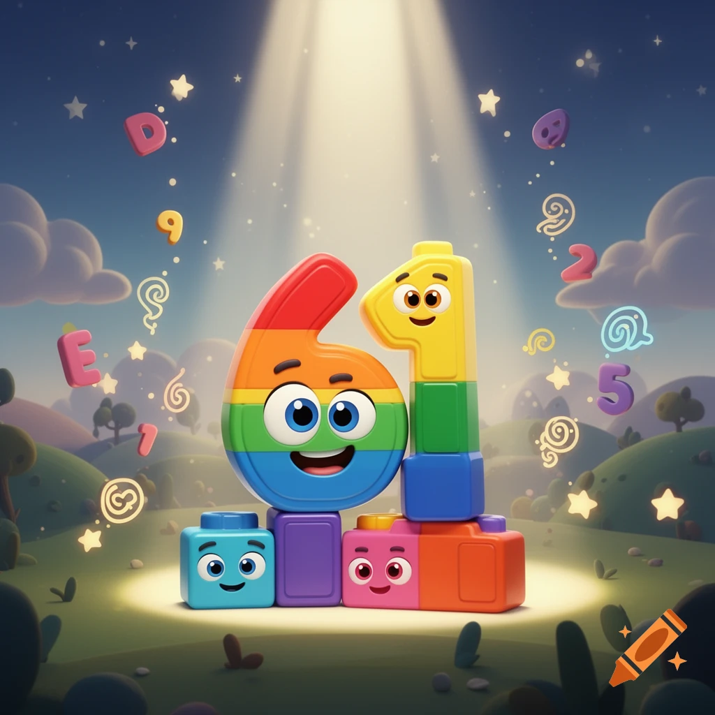 A colorful, smiling block character "6" next to a block character "1," standing on other blocks in a whimsical landscape under a spotlight, with floating numbers and letters.