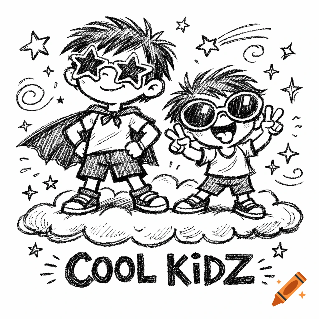 Black and white crayon art of two cartoon boys in sunglasses and a cape on a cloud, with stars and 'COOL KIDZ' text.
