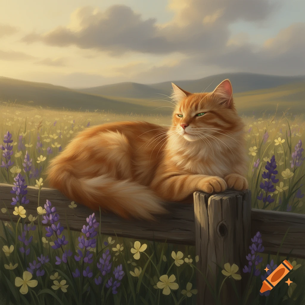 A fluffy orange cat with green eyes rests on a wooden fence post in a ...