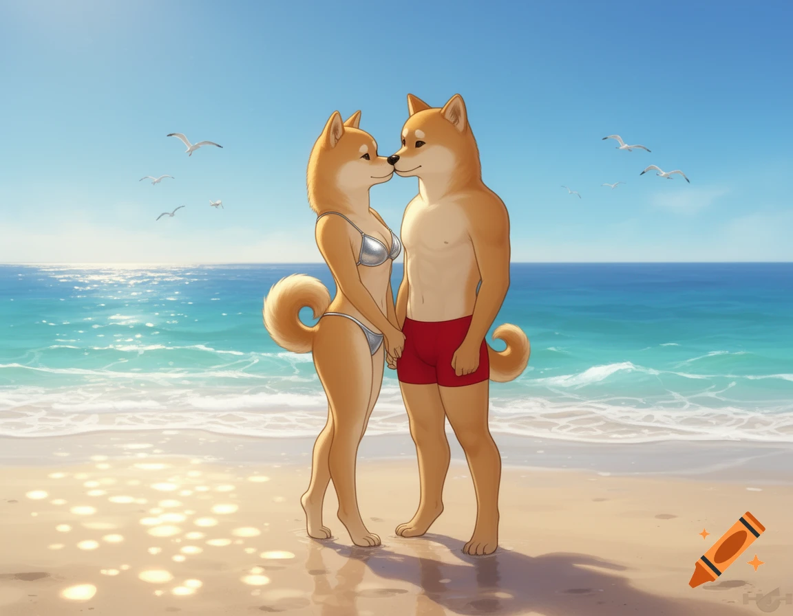 Two anthropomorphic Shiba Inus, a female in a silver bikini and a male in red swim trunks, share a kiss on a sunny beach next to the ocean, in an animated style.