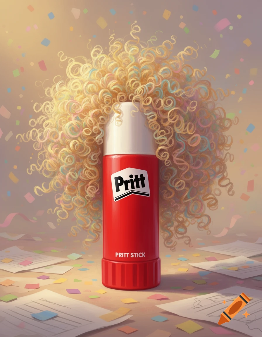 A red Pritt glue stick with blonde curly hair stands among colorful confetti and papers in a whimsical illustration.