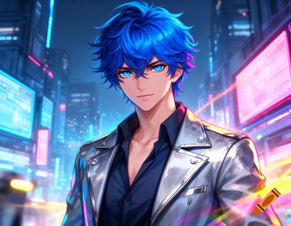 An anime man with electric blue hair and glowing eyes in a silver jacket stands in a neon-lit cyberpunk city.