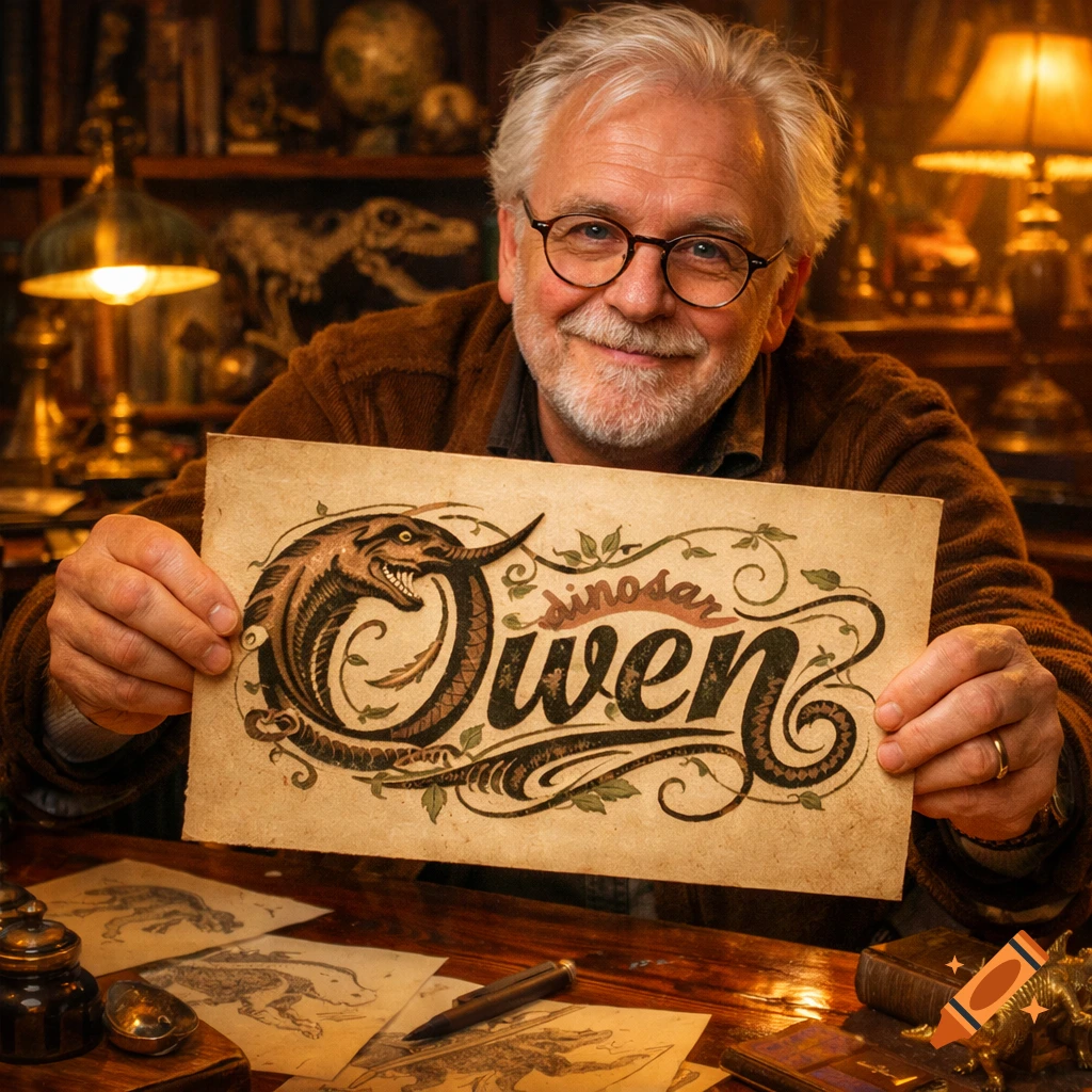 A smiling man with glasses and white hair holds up a drawing of a stylized dinosaur and the words "dinosaur OWEN" in an old study.