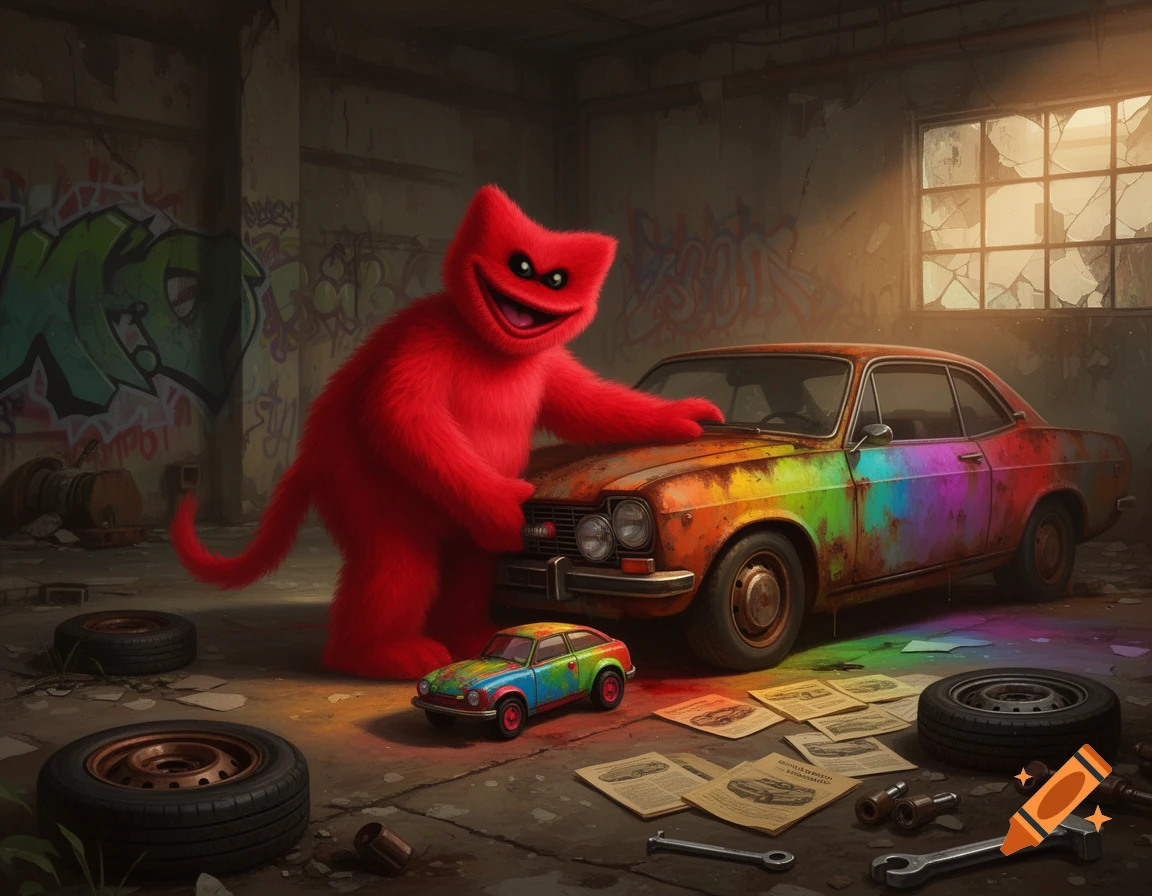 A smiling red furry monster with black eyes leans on a rusty, rainbow-painted vintage car in a gritty garage with graffiti and tools.