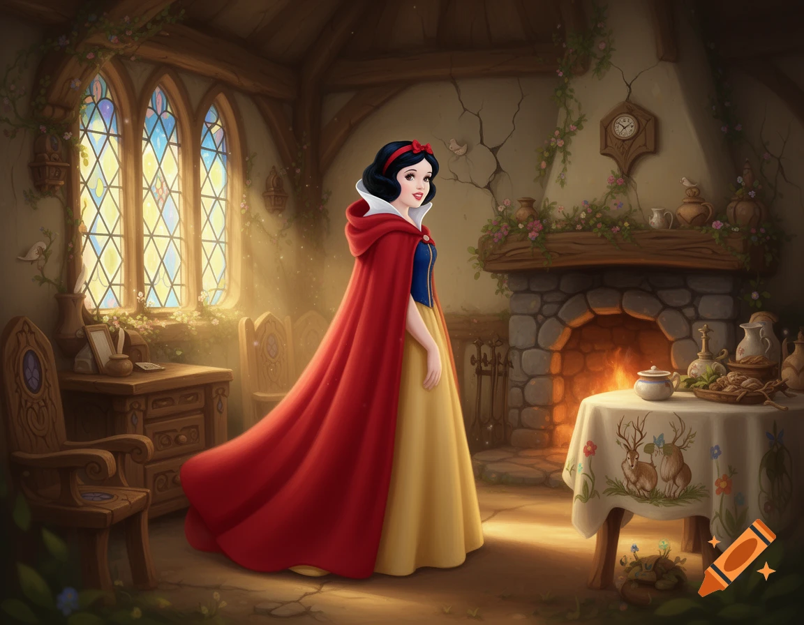 Snow White in a red cloak stands in a cozy fairytale cottage with a glowing fireplace and stained-glass windows.