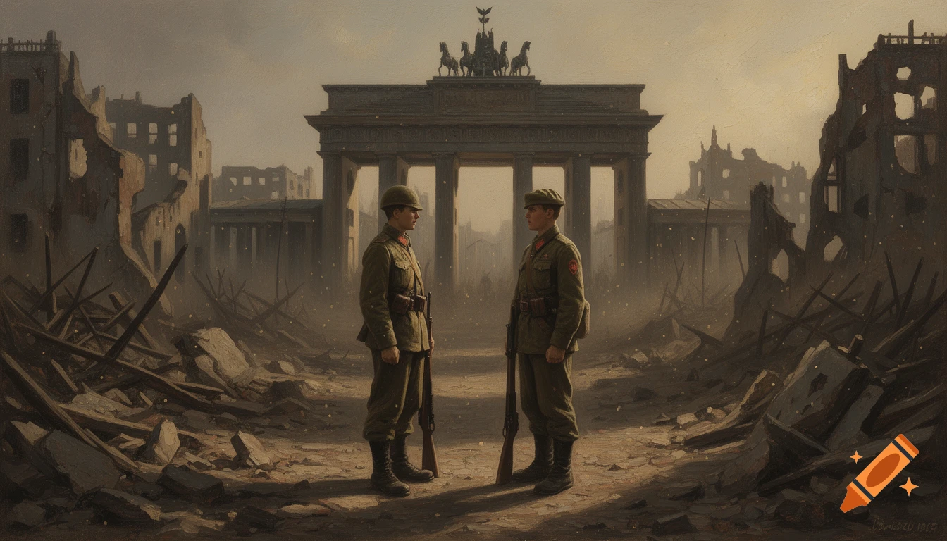An oil painting of two soldiers meeting in the ruins of Berlin, with the Brandenburg Gate in the background and dust motes in the air.