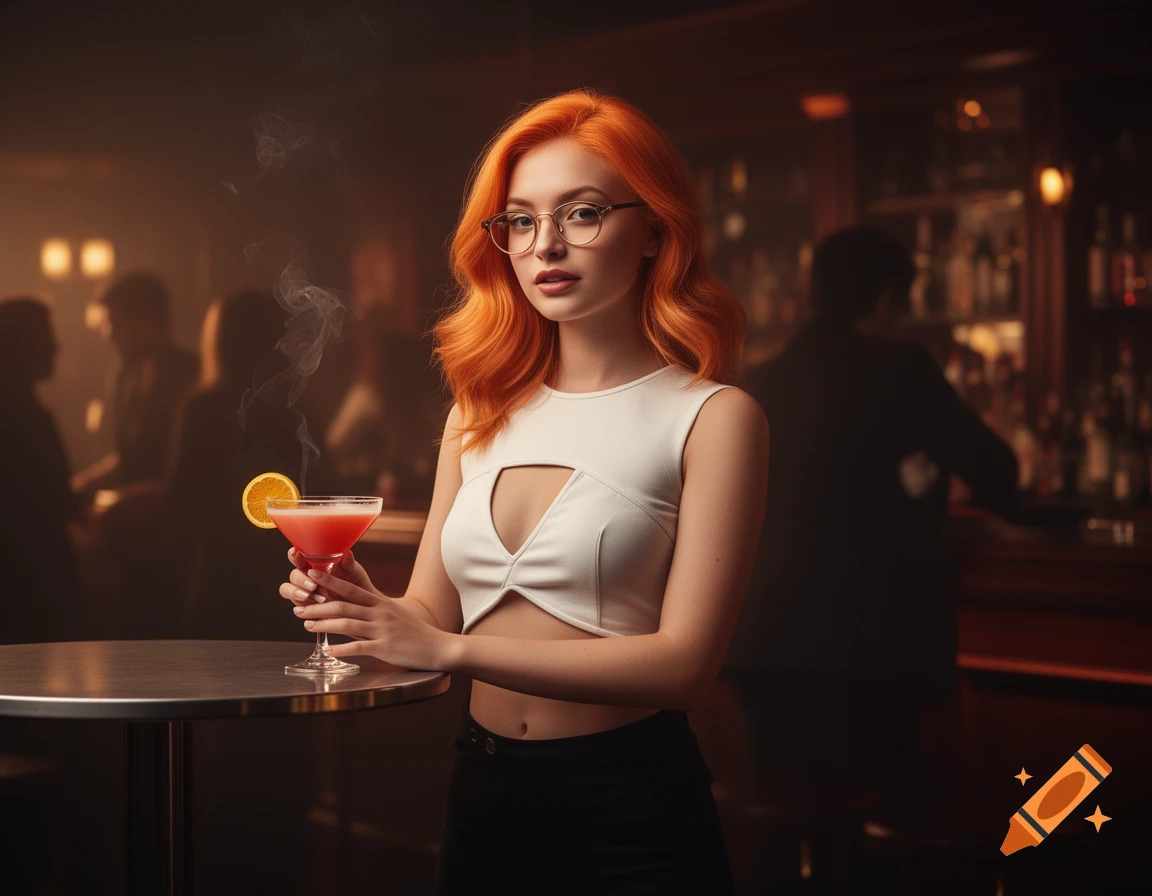 Photorealistic image of a young woman with orange hair and glasses, wearing a white crop top, standing at a table in a dark bar with a red cocktail.