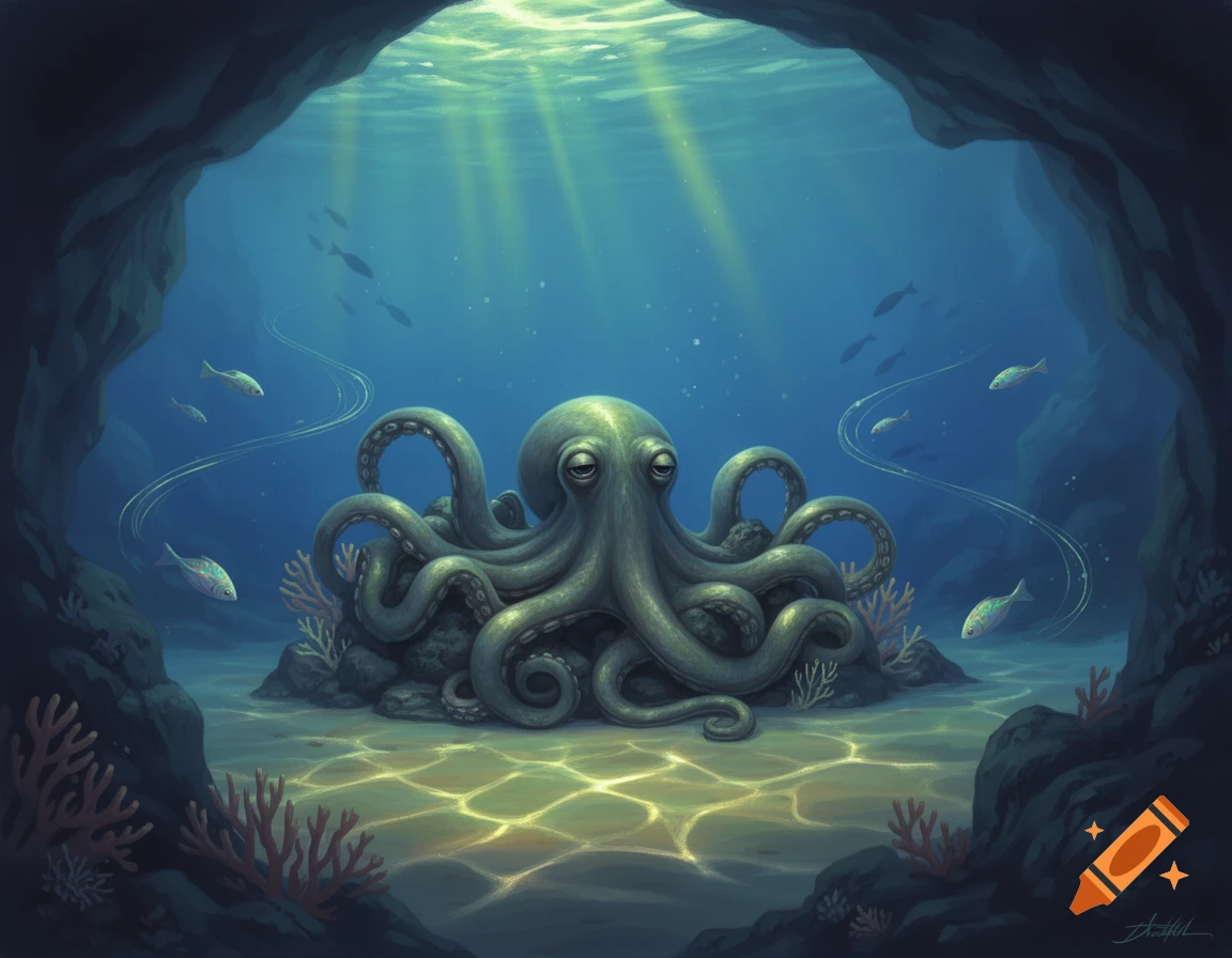 A whimsical digital painting depicts a large, sad-looking octopus resting on rocks in an underwater cave, illuminated by sunbeams from the surface.