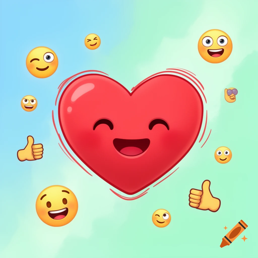 A happy red heart emoji surrounded by various other smiling, winking, and thumbs-up emojis against a blue-green background.