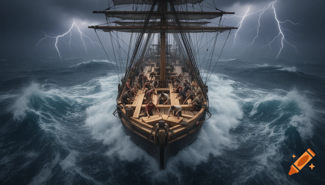 A photorealistic sailing ship battling a lightning storm at sea, with crew members working on deck.