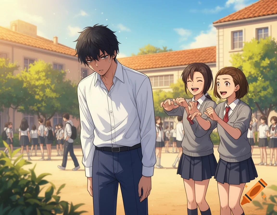 In a sunny anime schoolyard, a sad male student is mocked by two laughing female students in uniforms.