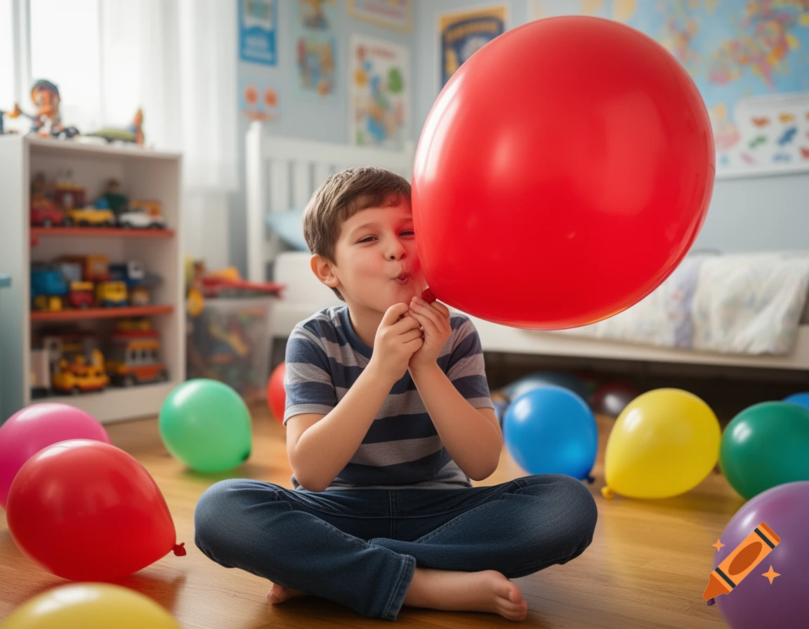 A young boy sits on the floor of his room, blowing up a large red balloon while other colorful balloons lie around him.