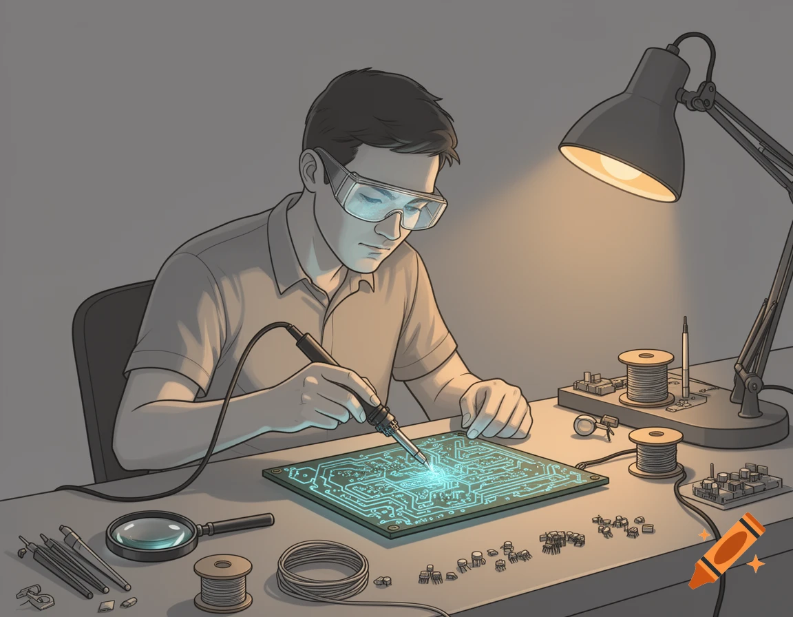 A man in safety glasses soldering a circuit board at a desk under a bright lamp, in an illustration style.