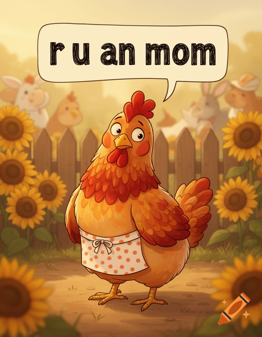 A surprised cartoon chicken in a polka-dot apron asks "r u an mom" in a speech bubble, standing in a sunny farmyard with sunflowers and blurred animals.