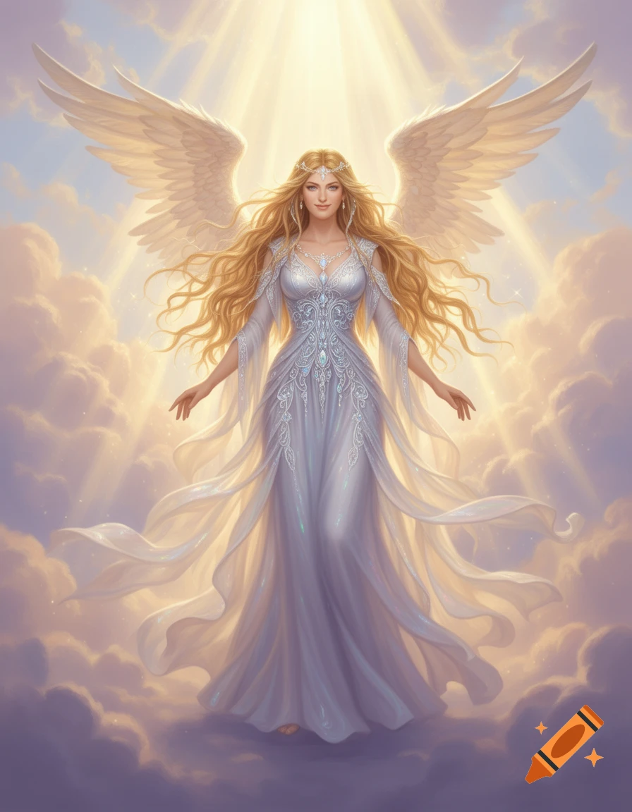 A radiant blonde angel with large white wings, wearing a flowing white gown, stands gracefully among glowing clouds under bright light.