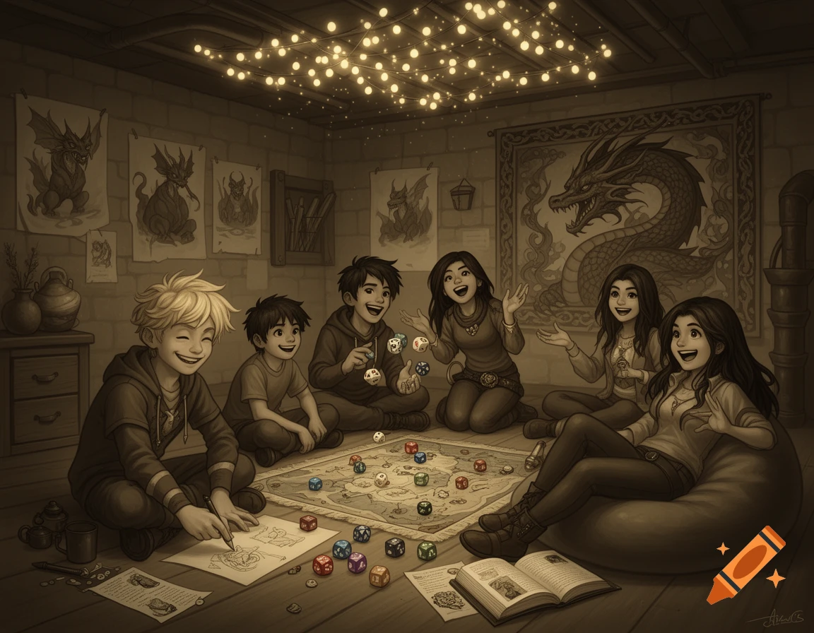 An illustration of six children playing a fantasy board game in a dimly lit room decorated with dragon drawings and string lights.