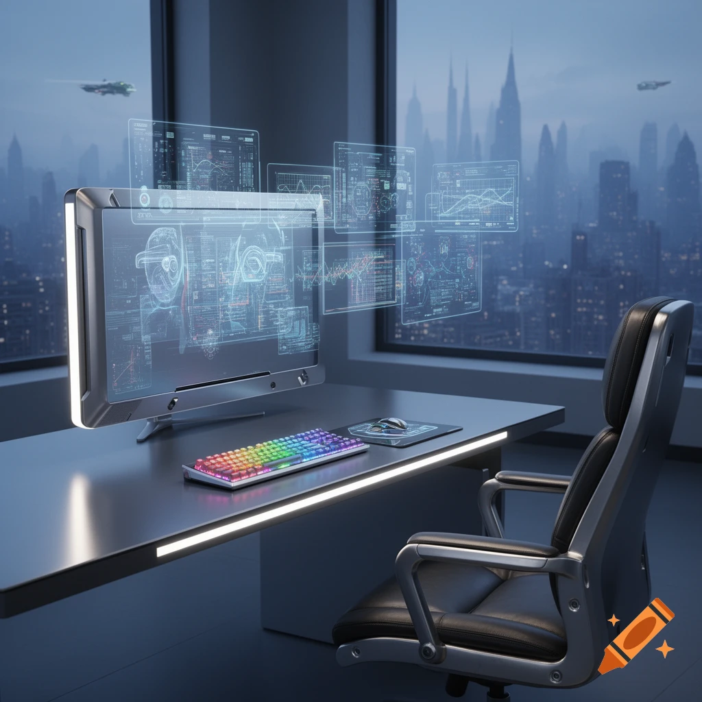 A futuristic office desk with a transparent computer monitor displaying holographic data, a colorful keyboard, and a chair, overlooking a city skyline with flying vehicles.