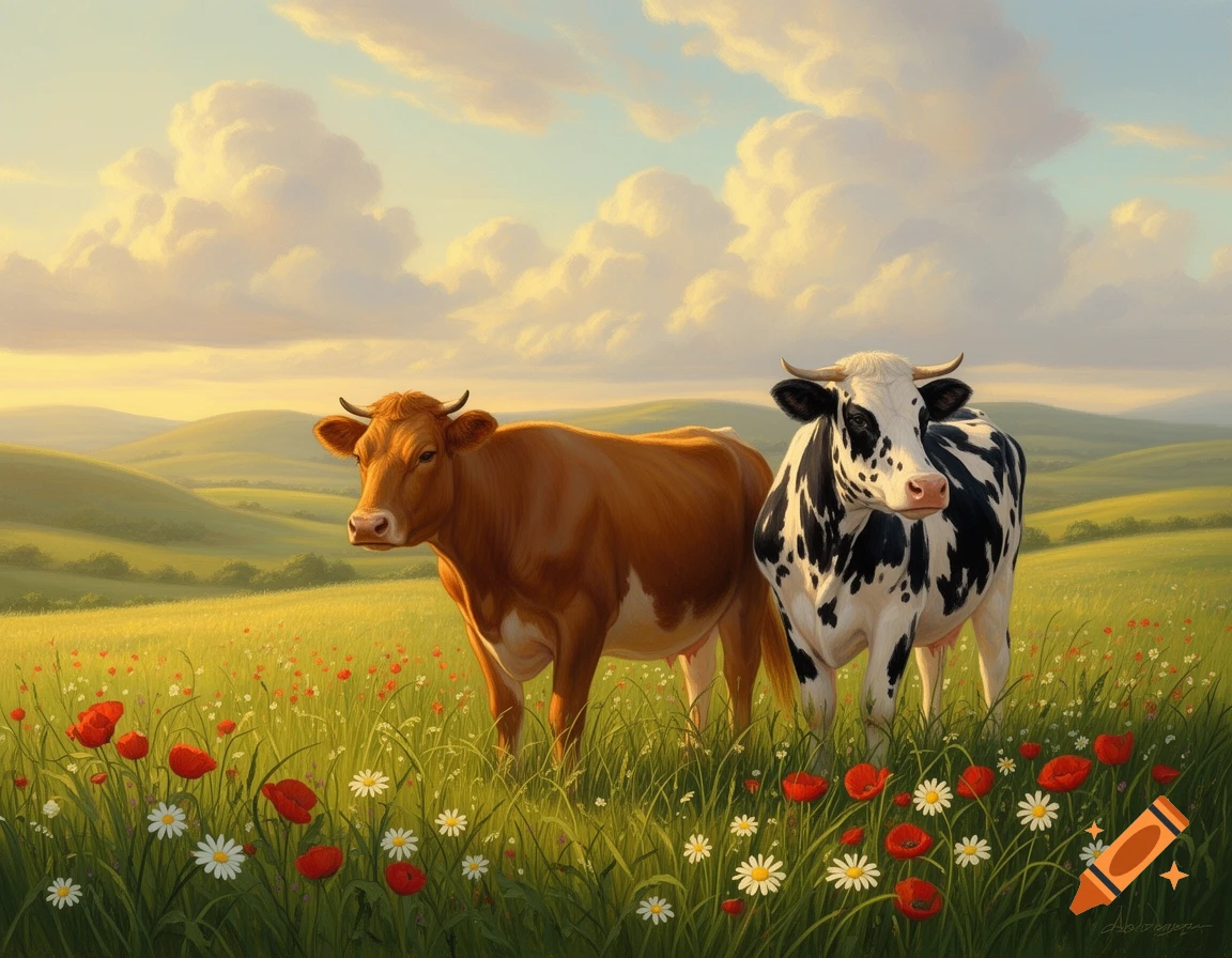 A brown cow and a black-and-white cow stand in a vibrant green meadow filled with red poppies and white daisies under a cloudy sky.