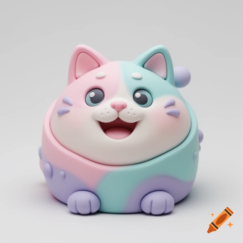 A cute, chubby cat-shaped desktop organizer in soft pastel pink, blue, and purple, rendered in a 3D clay style.