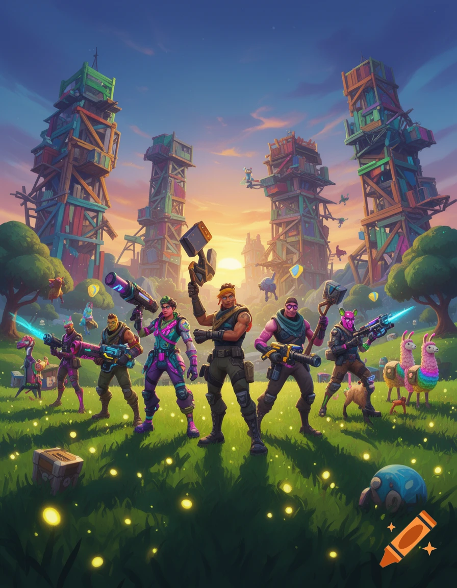 Fortnite characters stand in a glowing grassy field with weapons, colorful wooden towers, and llamas under a sunset sky.