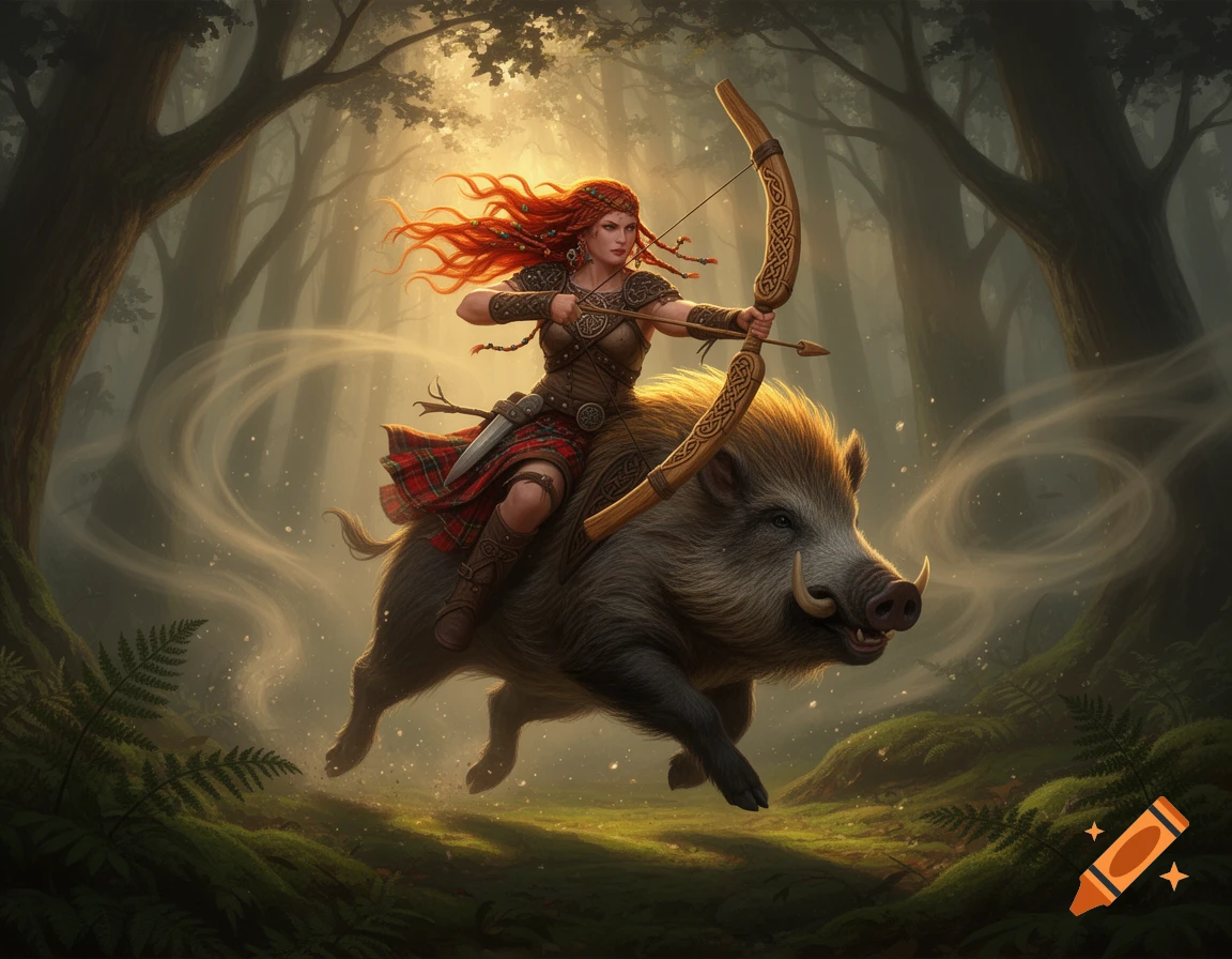 Fiery-haired Celtic warrior riding a wild boar through a sunlit forest, holding a bow, in a fantasy art style.