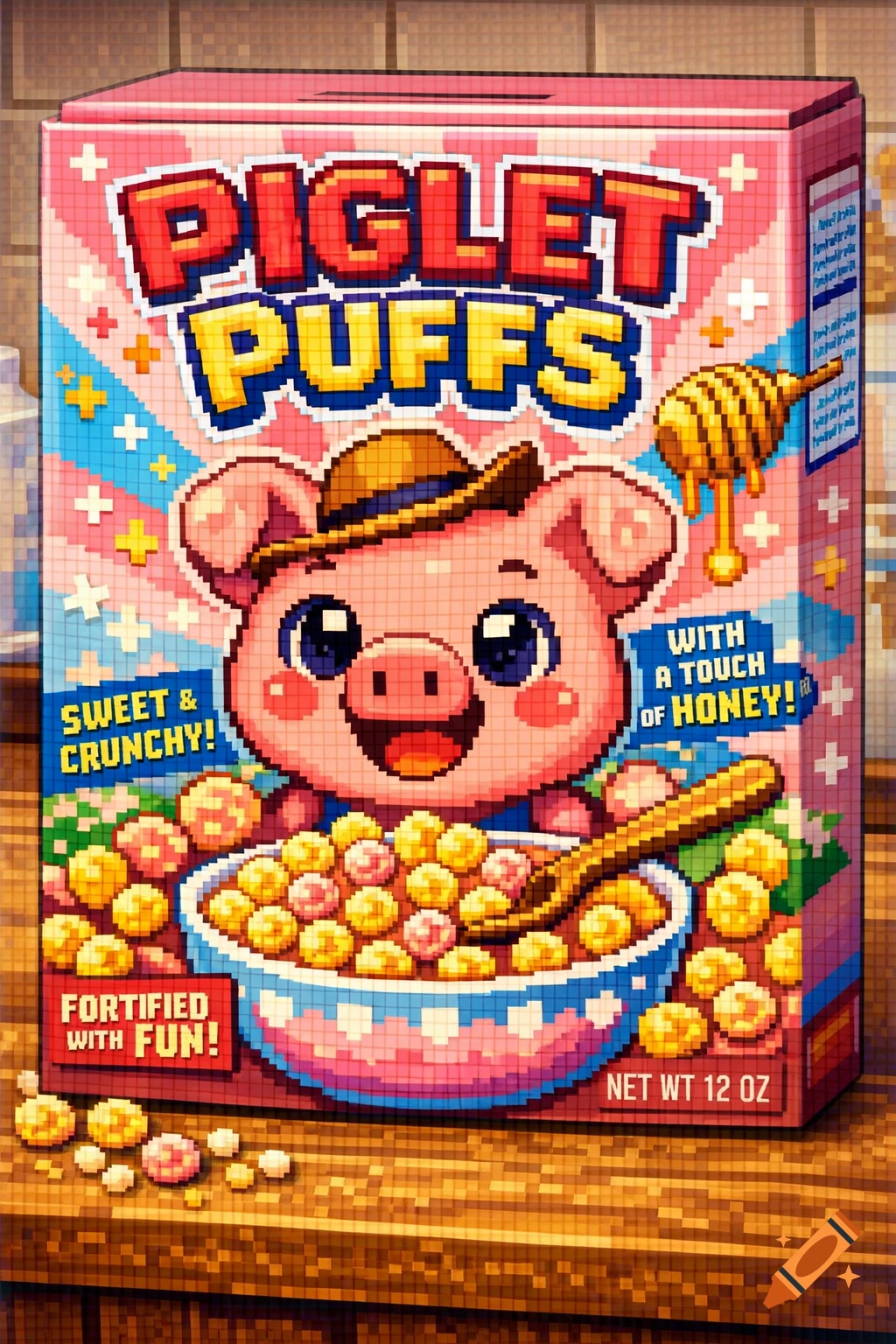 Pixel art cereal box for 'Piglet Puffs' featuring a smiling cartoon pig in a hat holding a bowl of cereal.