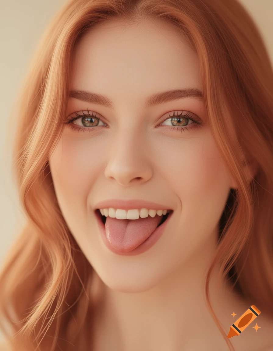 Close-up photorealistic portrait of a young woman with reddish-blonde hair smiling and sticking her tongue out.