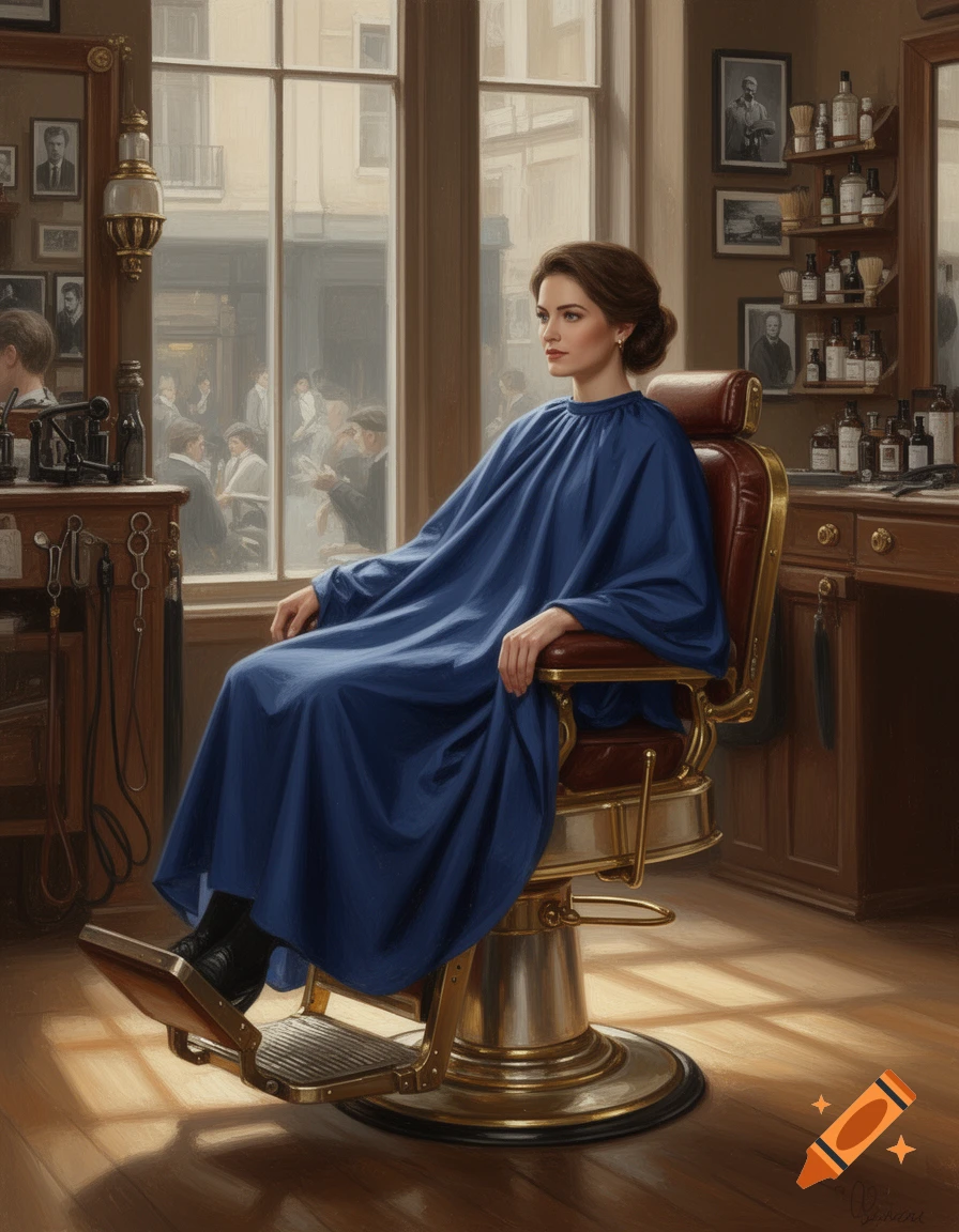 A woman in a blue barber cape sits in a vintage barber chair, looking left, in a classic barber shop with large windows.