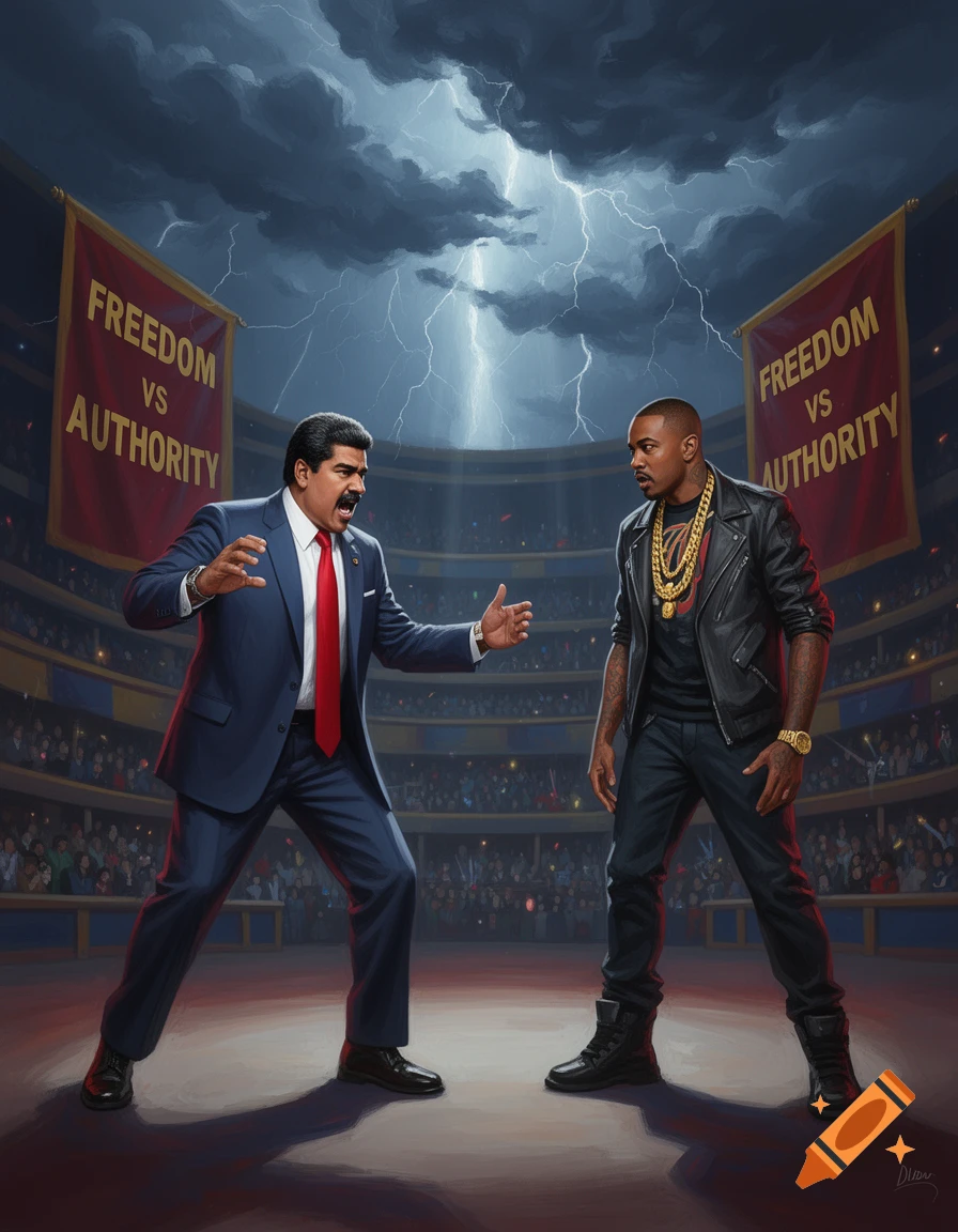 Nicolas Maduro and Sean 'Diddy' Combs confront each other in a dramatic arena under lightning; banners read 'FREEDOM VS AUTHORITY'.