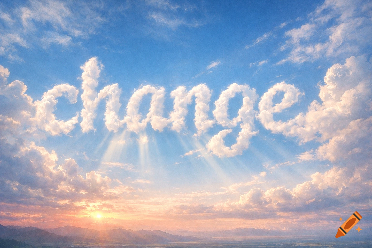 The word "change" formed by white clouds in a blue sky above a sunrise landscape.