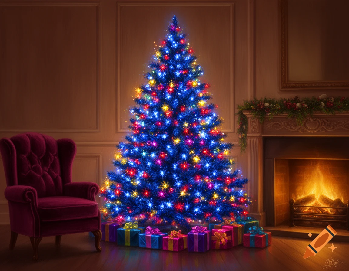 A blue Christmas tree with colorful lights stands in a cozy room with presents, a red armchair, and a lit fireplace.